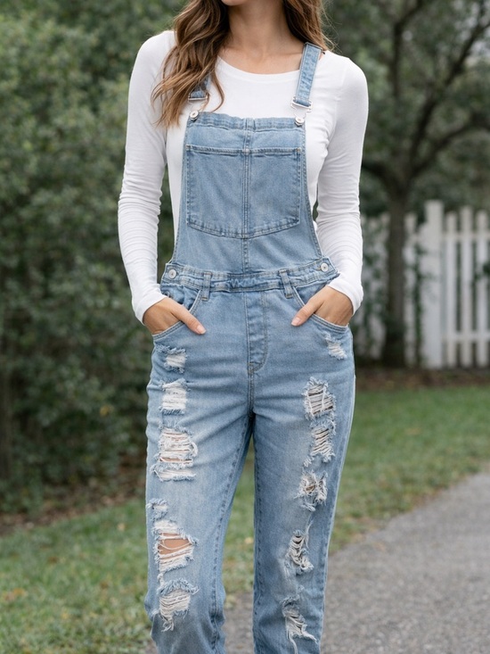 SWS Denim - Light Blue Distressed Denim Overalls - Women Jeans
